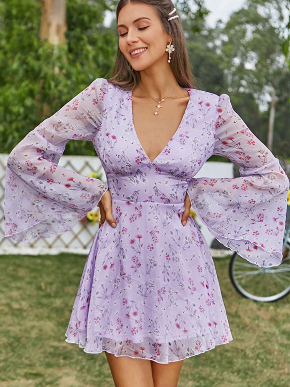 Floral Plunge Flare Sleeve Dress