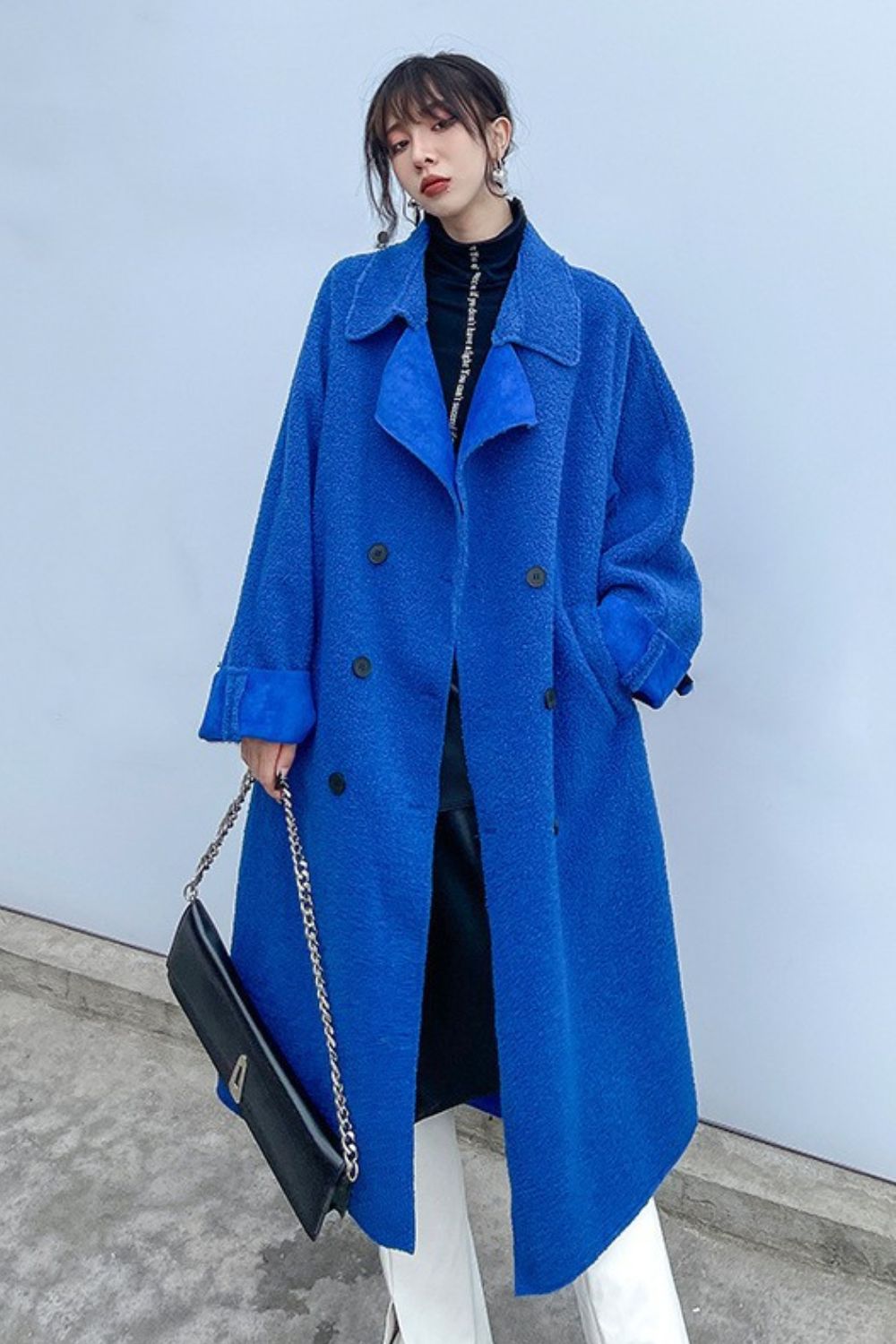 Double-Breasted Belted Lapel Collar Sherpa Coat