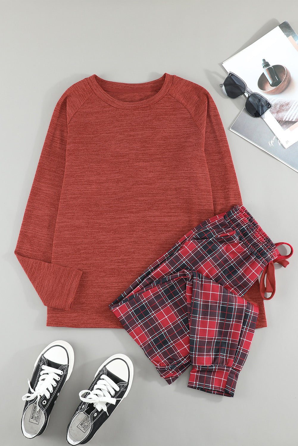 Long Sleeve Top and Plaid Pants Loungewear Set