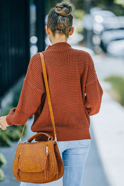 Ribbed Detail Mock Neck Waffle Sweater