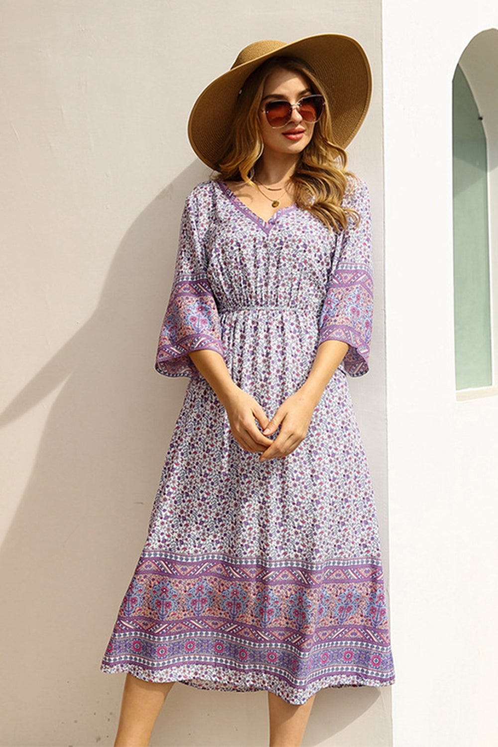 Printed V neck Tie Waist Dress