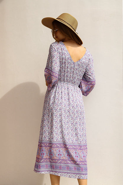 Printed V neck Tie Waist Dress