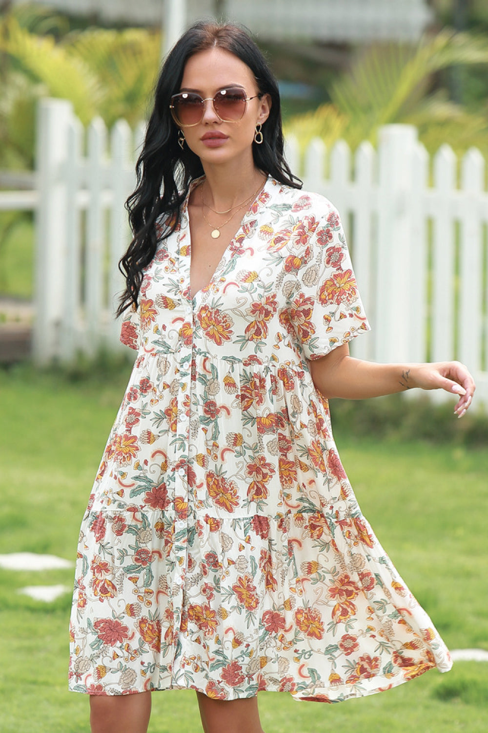 Full Size Floral  V-neckline Dress