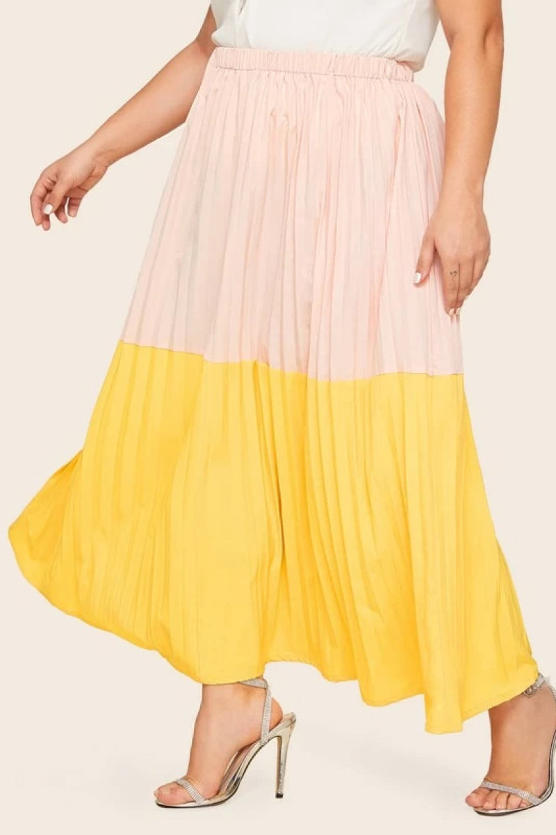 Plus Elastic Waist Pink & Yellow Pleated Skirt