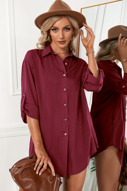 Solid Button Up Drop Shoulder Blouse