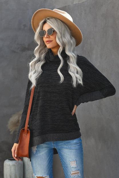 Ribbed Turtleneck Side Slit Sweatshirt