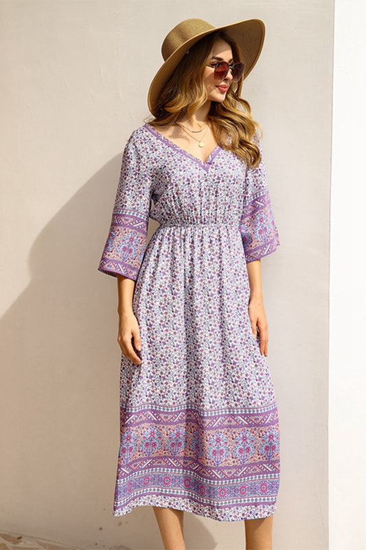 Printed V neck Tie Waist Dress