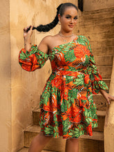 Load image into Gallery viewer, Plus Size Botanical Print One-Shoulder Layered Dress with Belt
