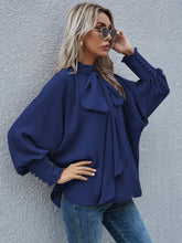 Load image into Gallery viewer, Mock Neck Lantern Sleeve Tie Front Blouse
