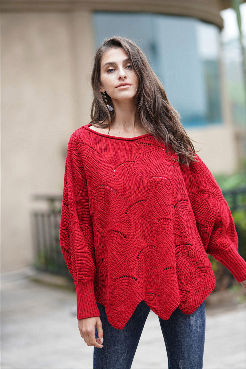 Openwork Boat Neck Sweater with Scalloped Hem