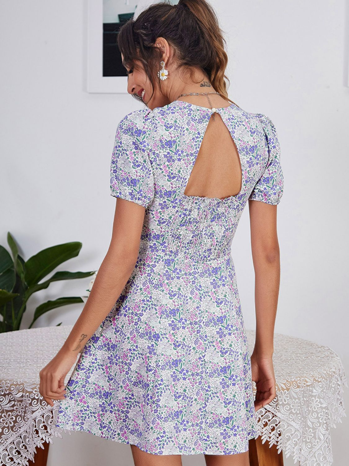 Floral Cutout Puff Sleeve Sweetheart Neck Dress