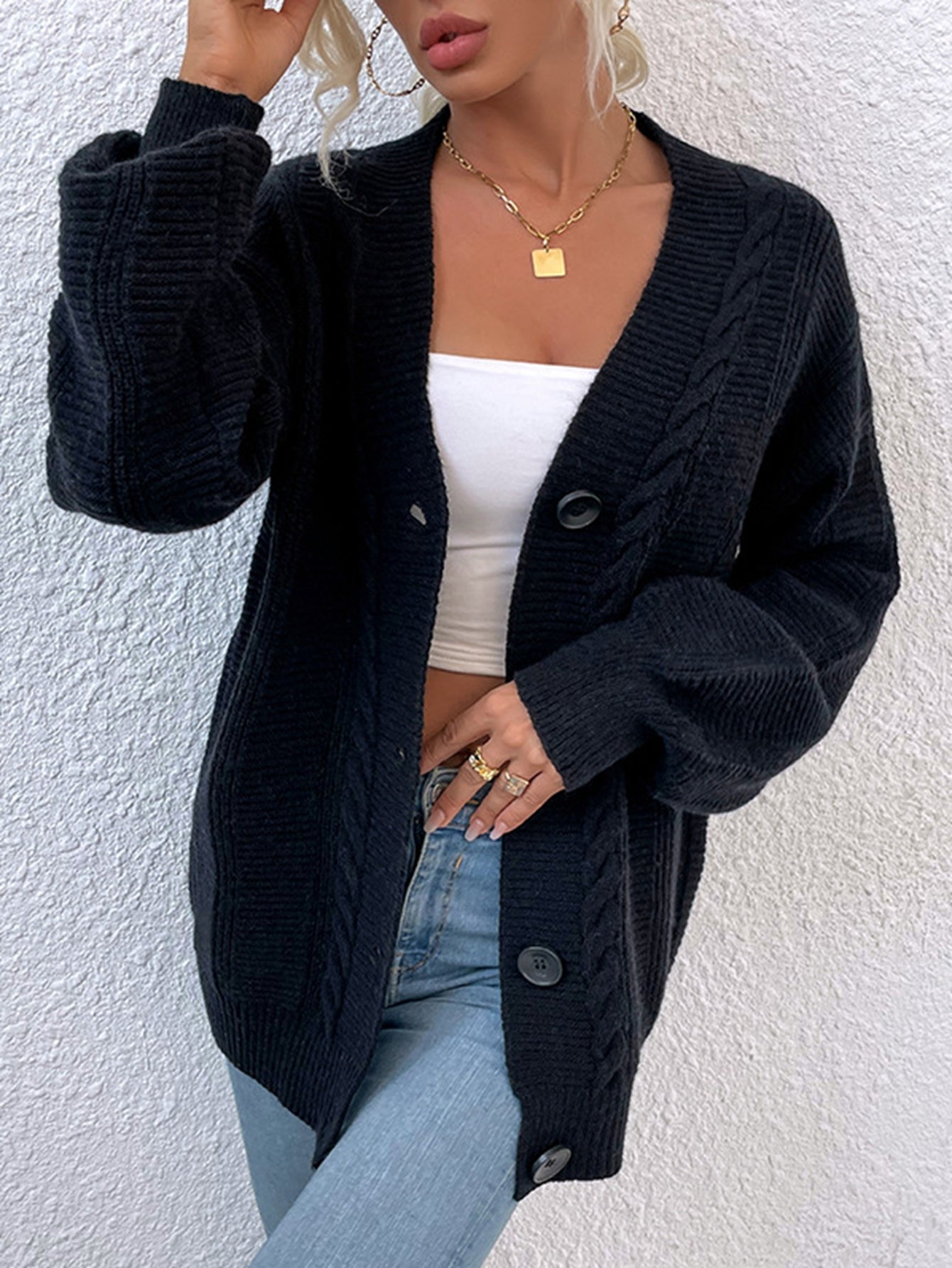 Cable-Knit Button Down Ribbed Trim Cardigan