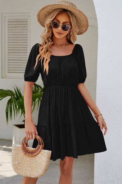 Ruched Square Neck Puff Sleeve Mini Dress