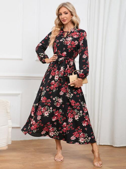 Floral Tie Front Balloon Sleeve Dress