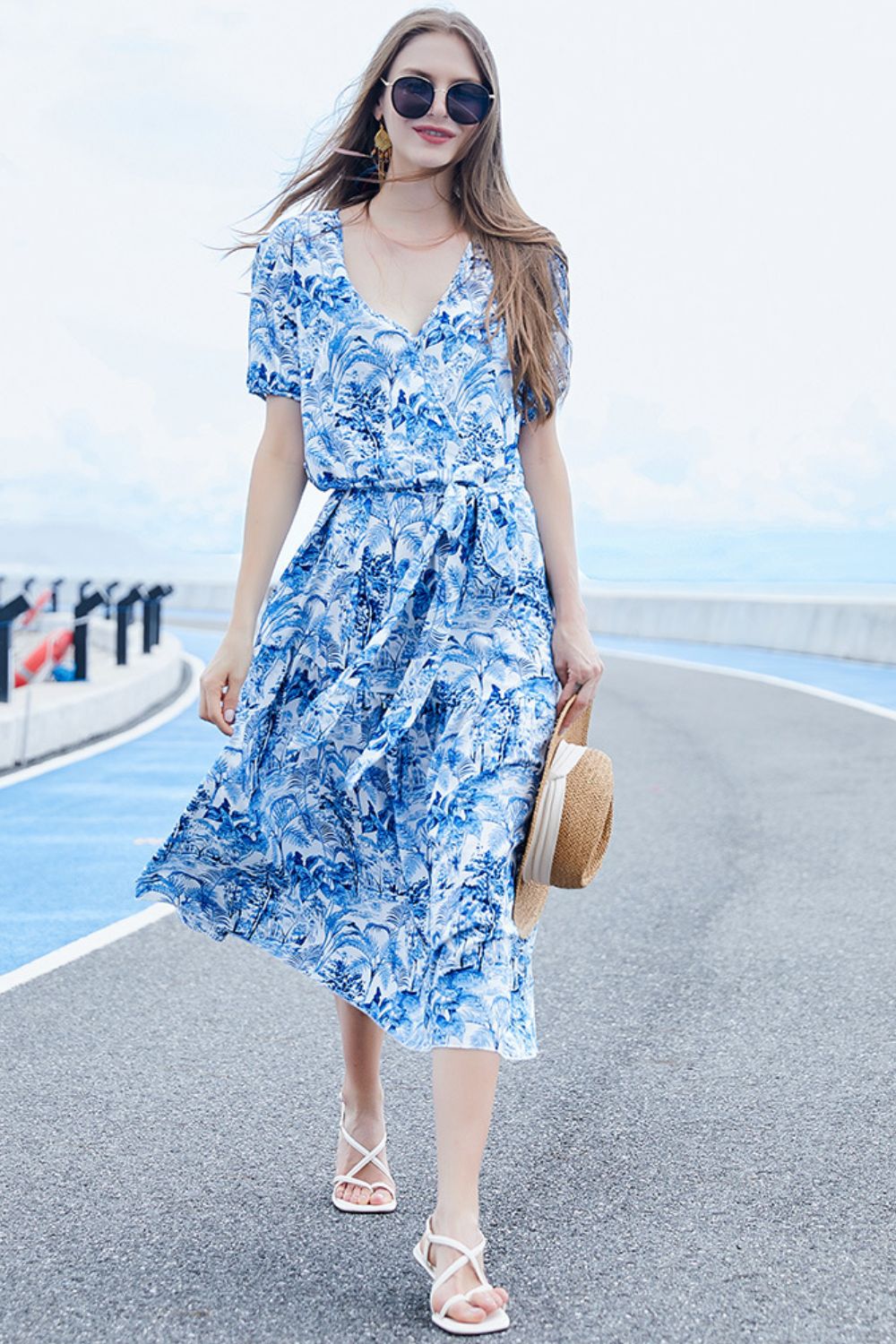 Full Size Belted Surplice Short Sleeve Midi Dress