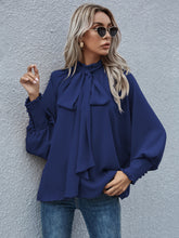 Load image into Gallery viewer, Mock Neck Lantern Sleeve Tie Front Blouse
