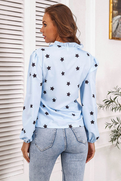 Star Print Frill Trim Balloon Sleeve Blouse