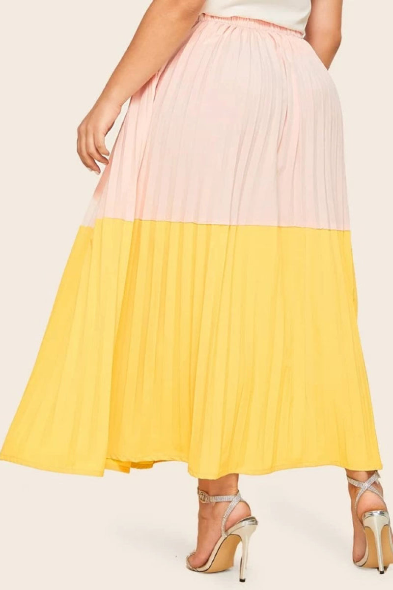 Plus Elastic Waist Pink & Yellow Pleated Skirt