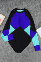 Load image into Gallery viewer, Color Block Half Zip Long Sleeve One-Piece Swimsuit
