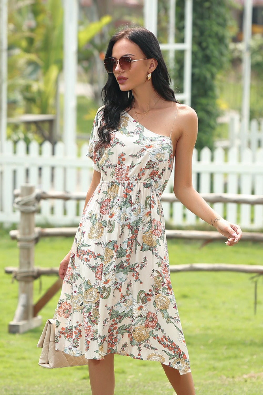 Floral  Print Asymmetrical-neck Tie-waist Dress