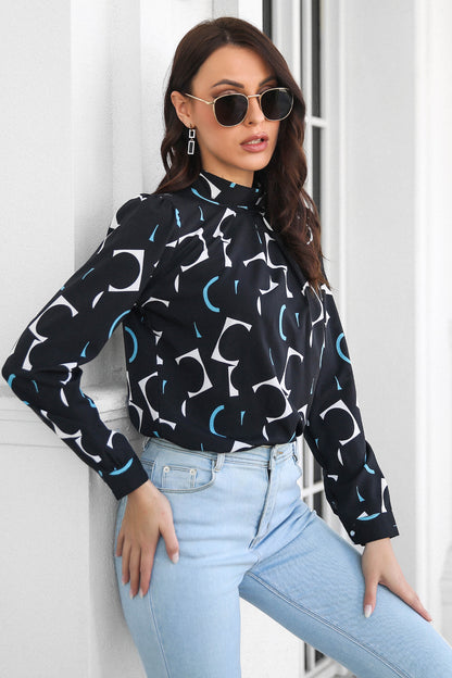 Printed Gathered Detail Mock Neck Blouse