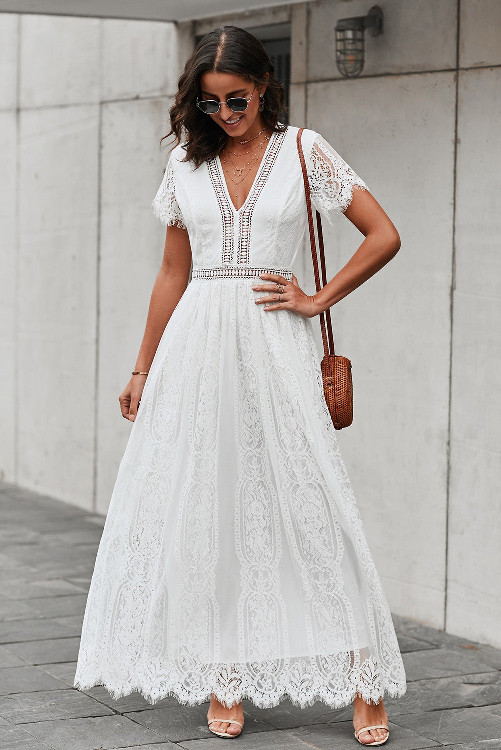 Scalloped Trim Lace Plunge Dress