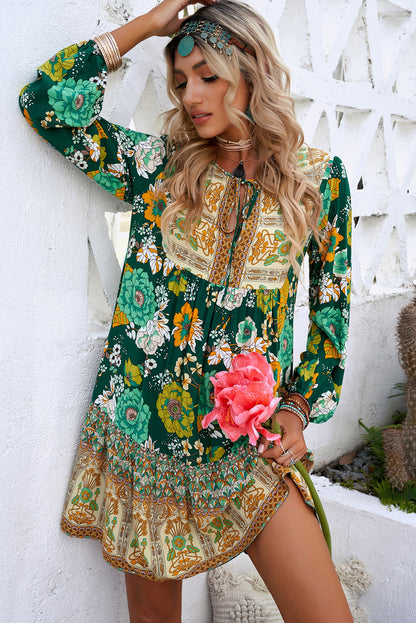 Floral Puff Sleeve Tie-Neck Mini Dress