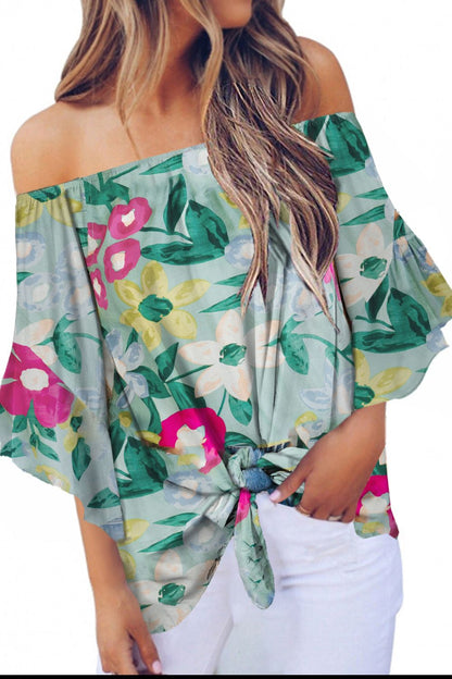 Tied Printed Off-Shoulder Half Sleeve Blouse