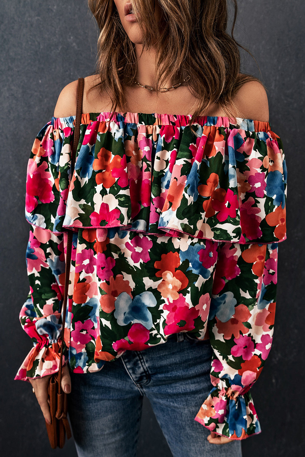 Floral Off-Shoulder Flounce Sleeve Layered Blouse