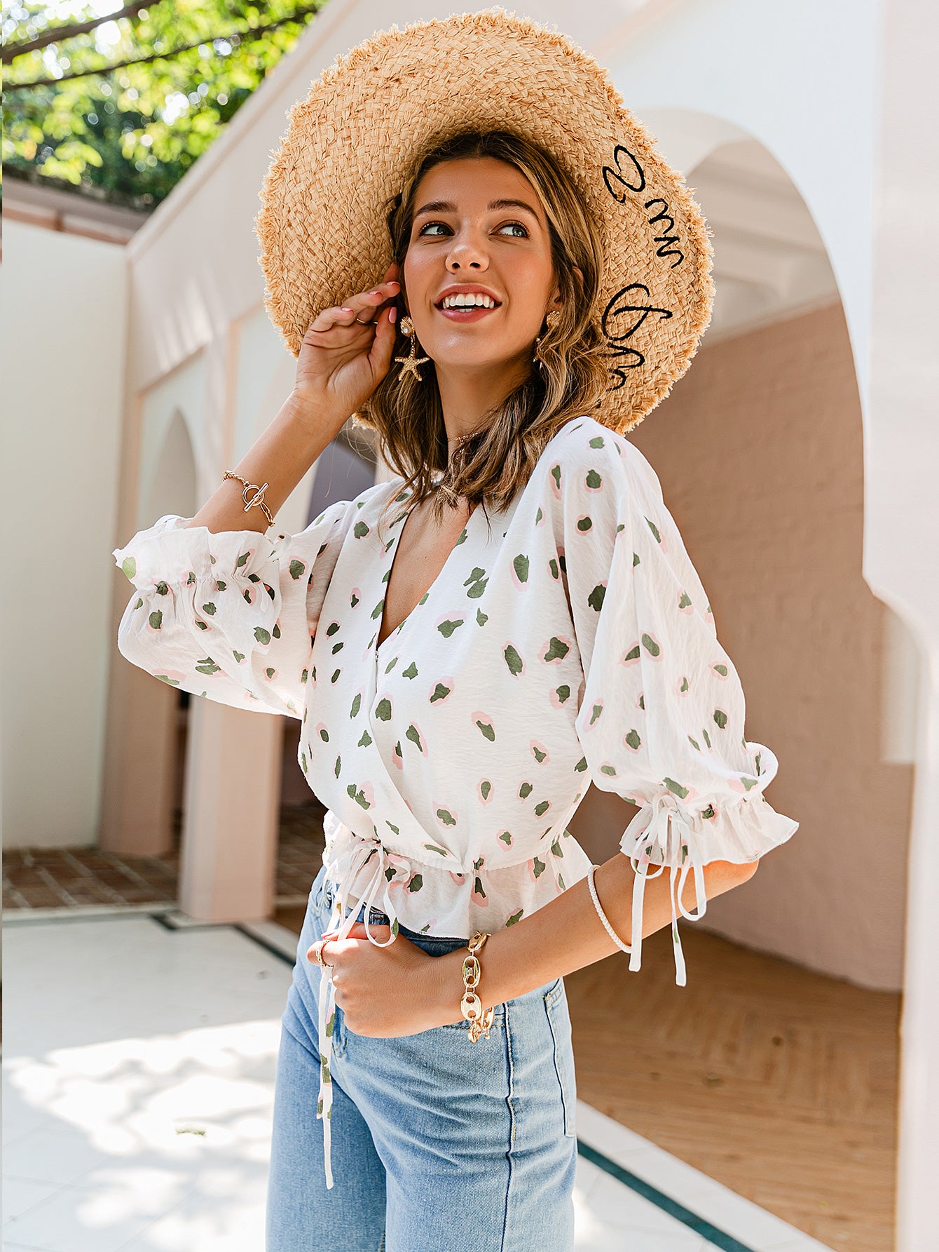 Printed Drawstring Detail Cropped Surplice Top