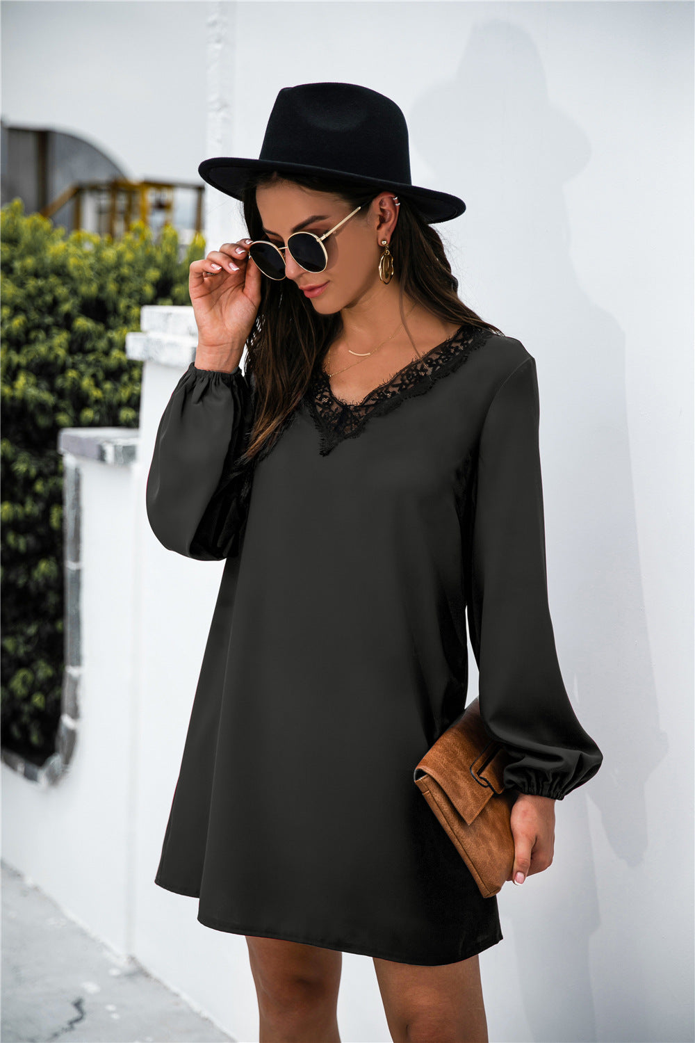 Contrast Lace Trim Balloon Sleeve Mini Shift Dress