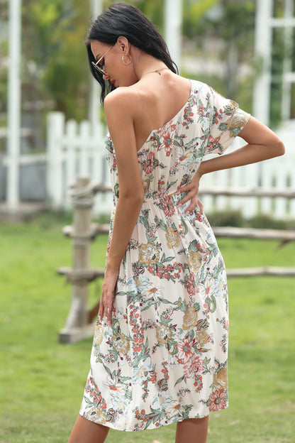 Floral  Print Asymmetrical-neck Tie-waist Dress