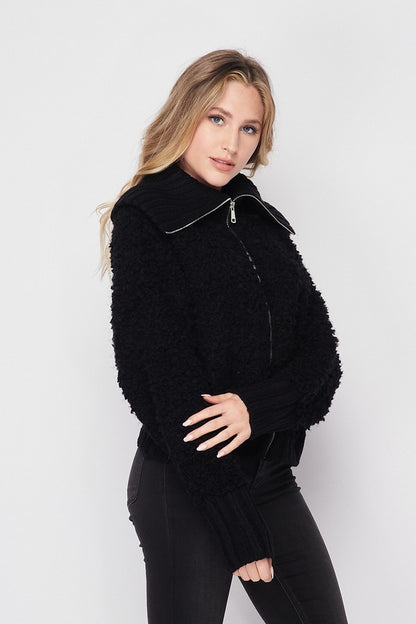 Ribbed Trim Plush Jacket