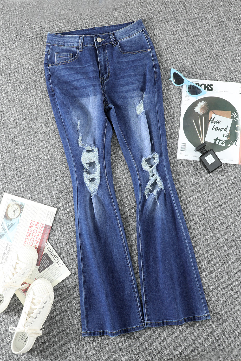 Blue Mid Waist Distressed Flared Jeans