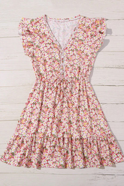 Floral V Neck Tie Waist Pleated Dress