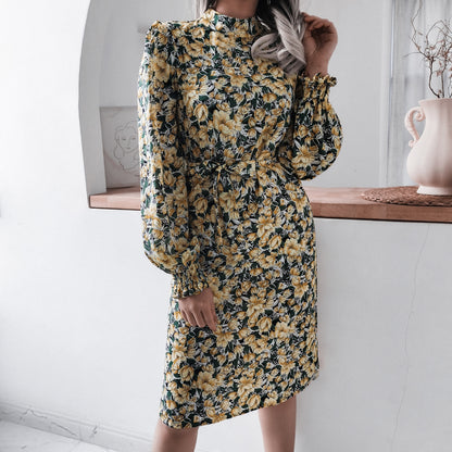 Floral Mock Neck Bow Detail Dress