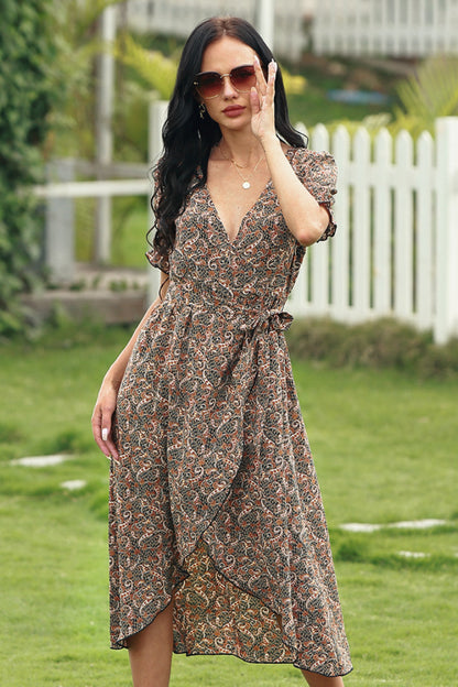 Full Size Range Paisley Wrap Frill Sleeve Dress