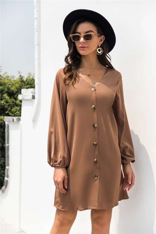 V Neck Button Through Smock Dress