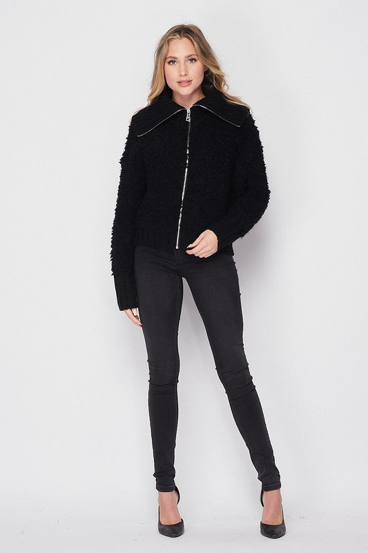 Ribbed Trim Plush Jacket