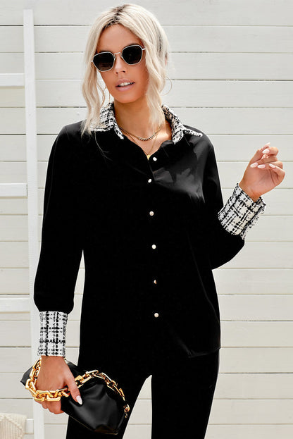 Plaid Trim Button Down Collared Shirt