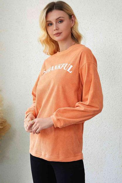 THANKFUL Graphic Round Neck Long Sleeve Sweatshirt