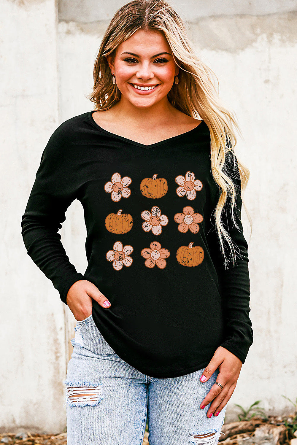 V-Neck Short Sleeve Pumpkin & Flower Graphic T-Shirt