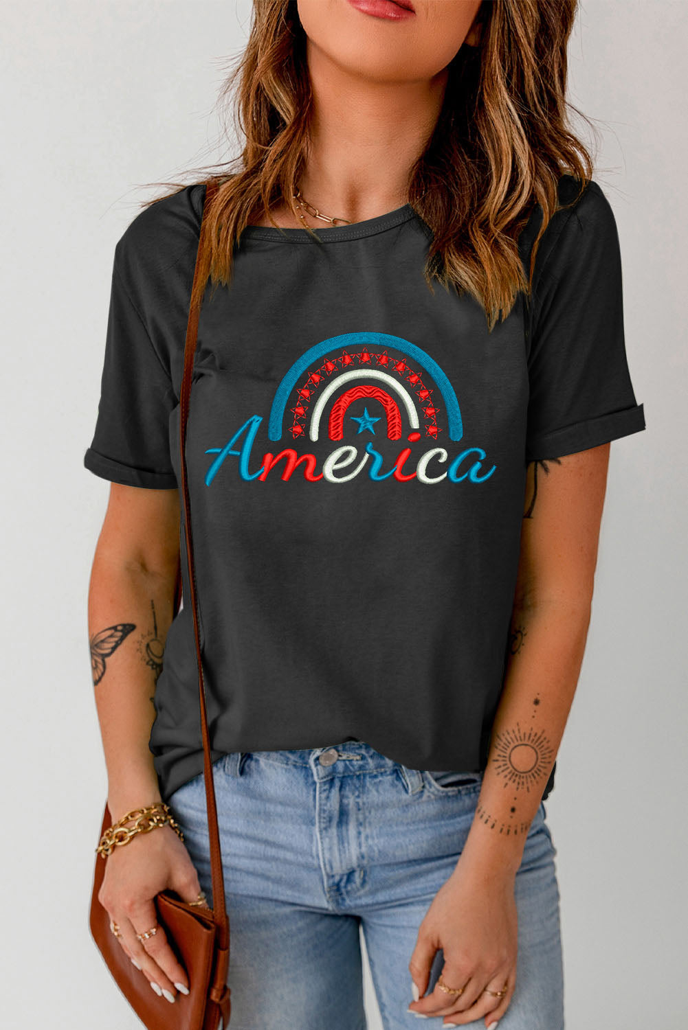 AMERICAN Embroidered Round Neck Cuffed Tee Shirt