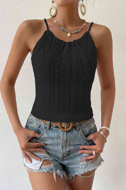 Round Neck Cable-Knit Sleeveless Knit Top