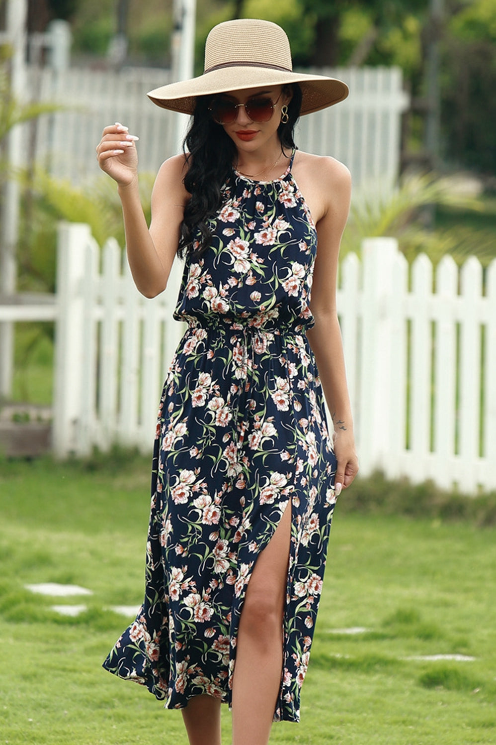 Sling Floral Elastic Waist Split Dress