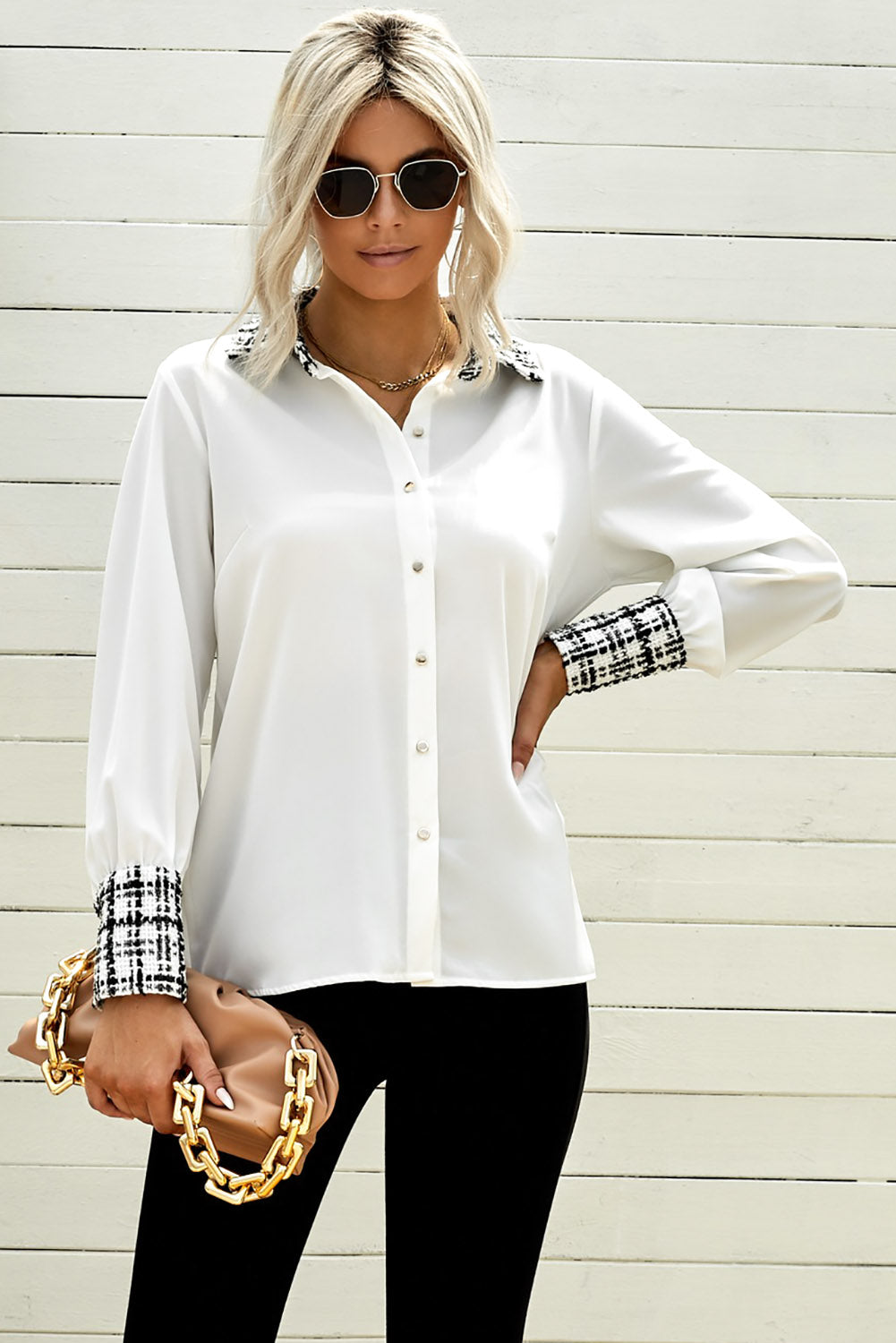 Plaid Trim Button Down Collared Shirt