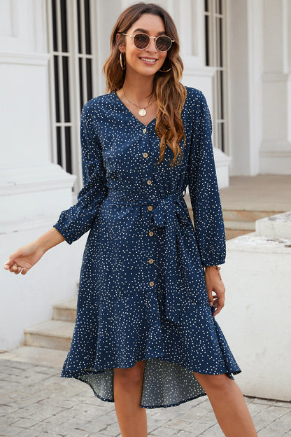 Polka Dot Button Through Flounce Dress