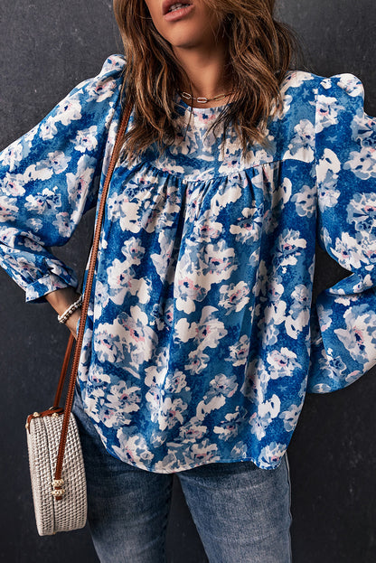 Floral Balloon Sleeve Round Neck Blouse