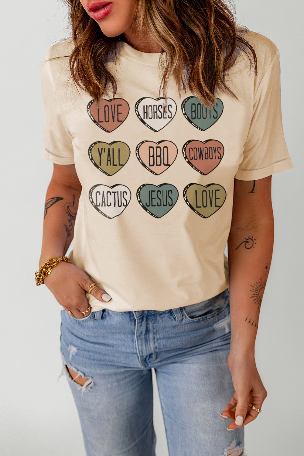 Heart Graphic Cuffed Short Sleeve Round Neck Tee Shirt