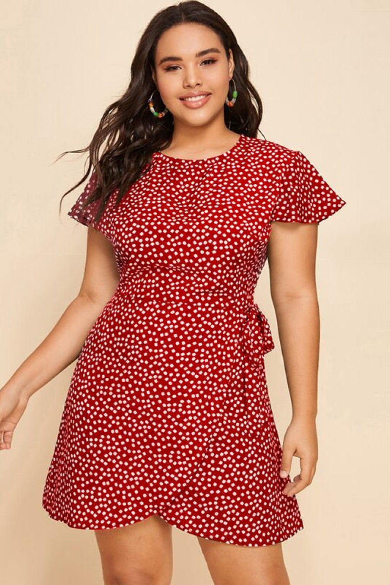 Plus Ditsy Floral Asymmetrical Hem Belted Dress